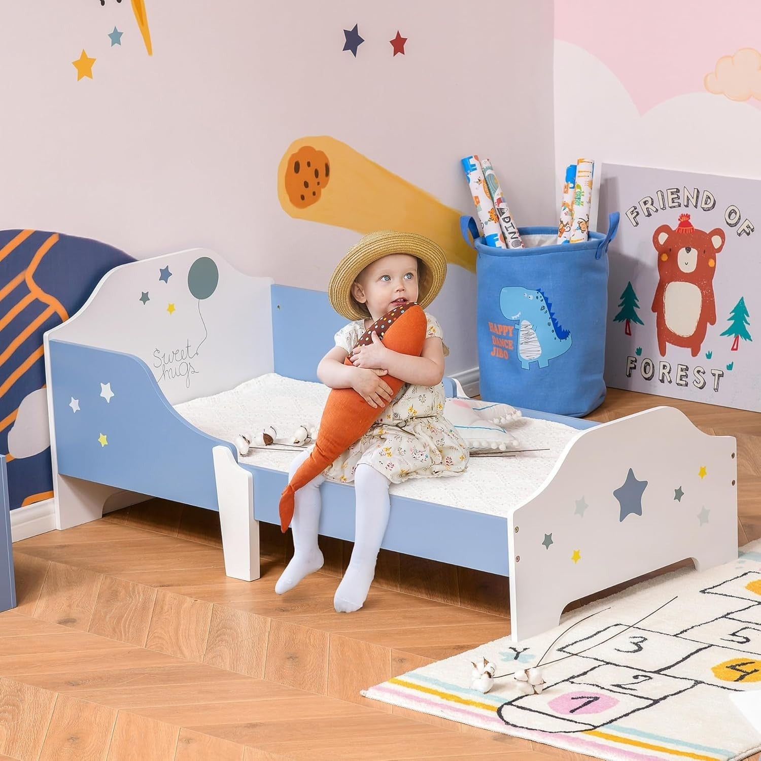 Kids Toddler Bed Frame with Guardrails Low Junior Bed Safe Modern Blue