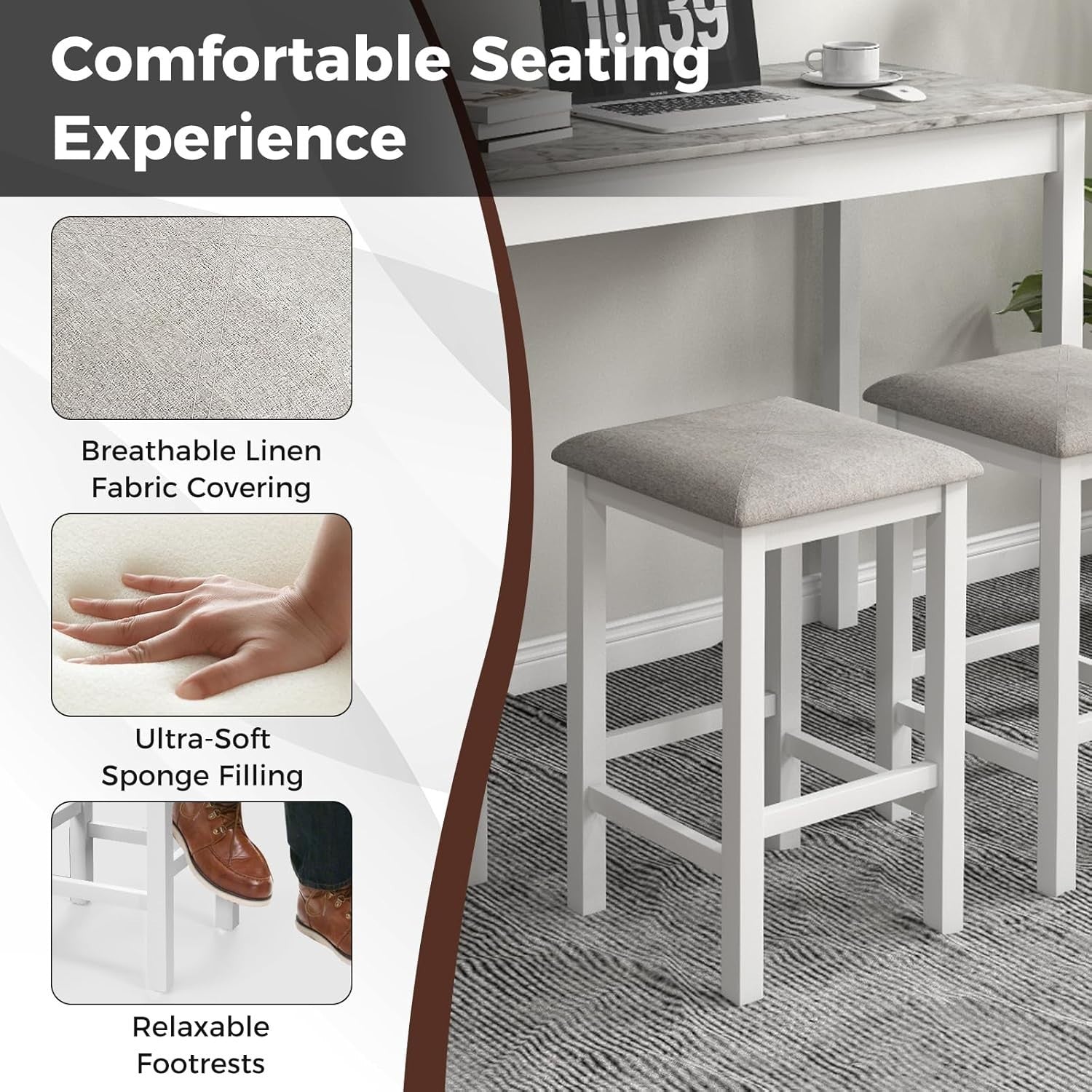 3-Piece Bar Table Set with 2 Stools, Compact Breakfast Bar with Cushioned Seats