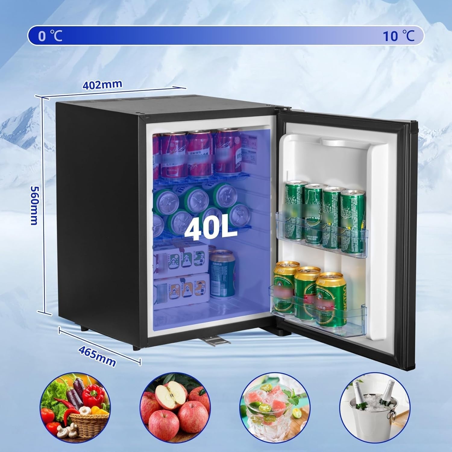 12V Mini Fridge 40L Campervan Portable Silent Black Lockable Reversible