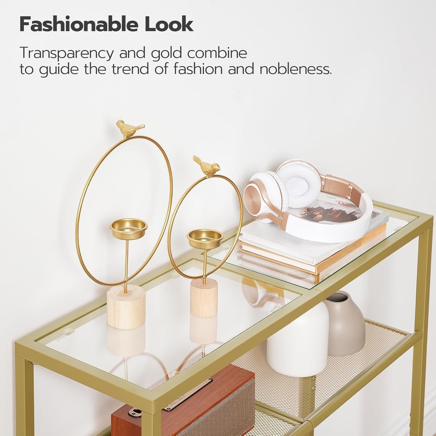3-Tier Gold Console Table Tempered Glass Shelf Narrow Side Storage