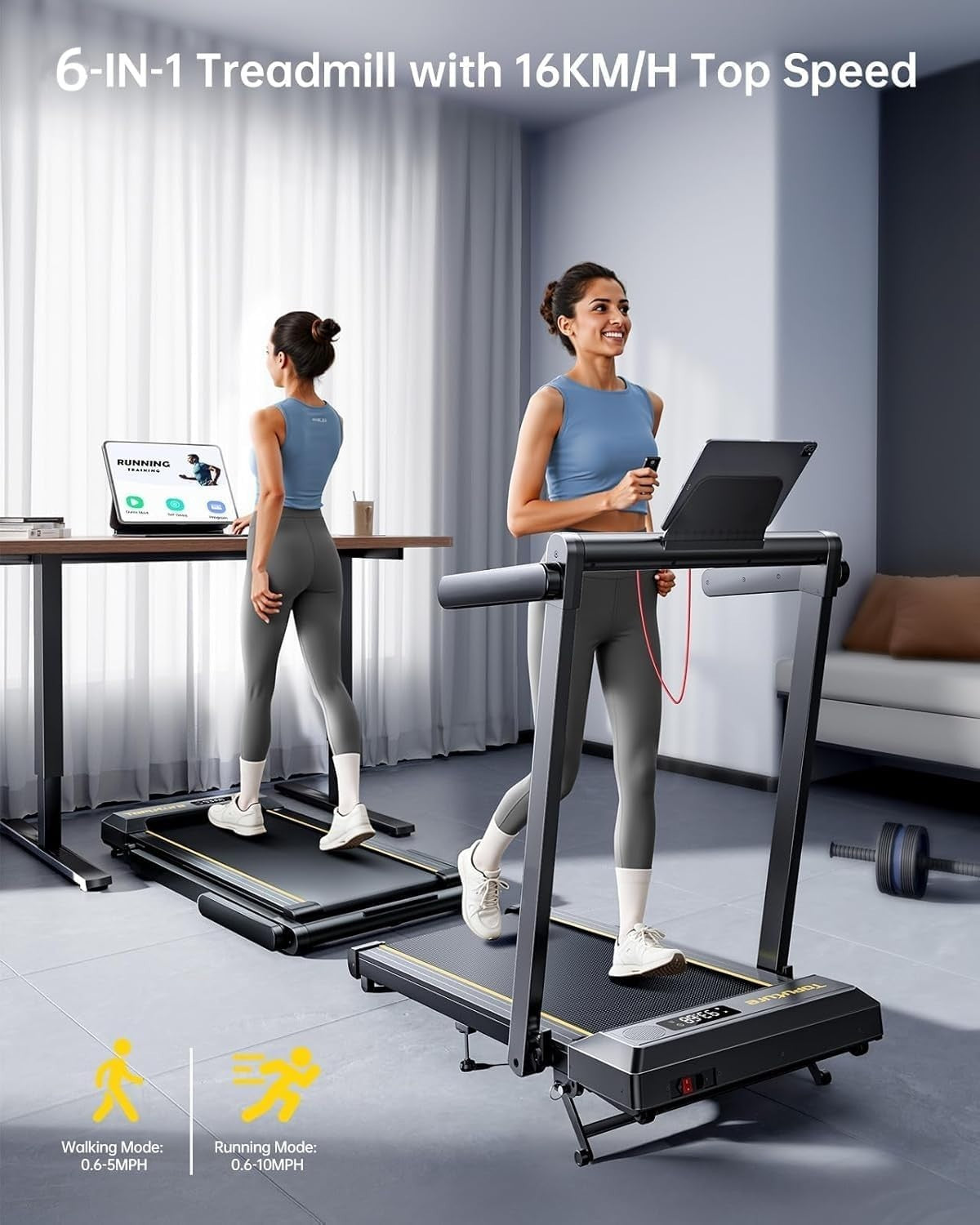 6-in-1 Foldable Treadmill 16KM/H Incline Walking Pad Home Office Gym3