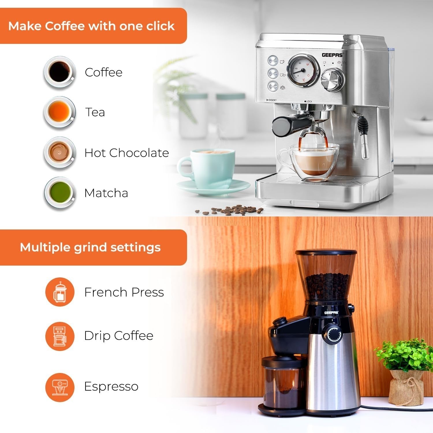 Espresso Machine 15 Bar with Milk Frother & Burr Grinder | 1.8L Tank