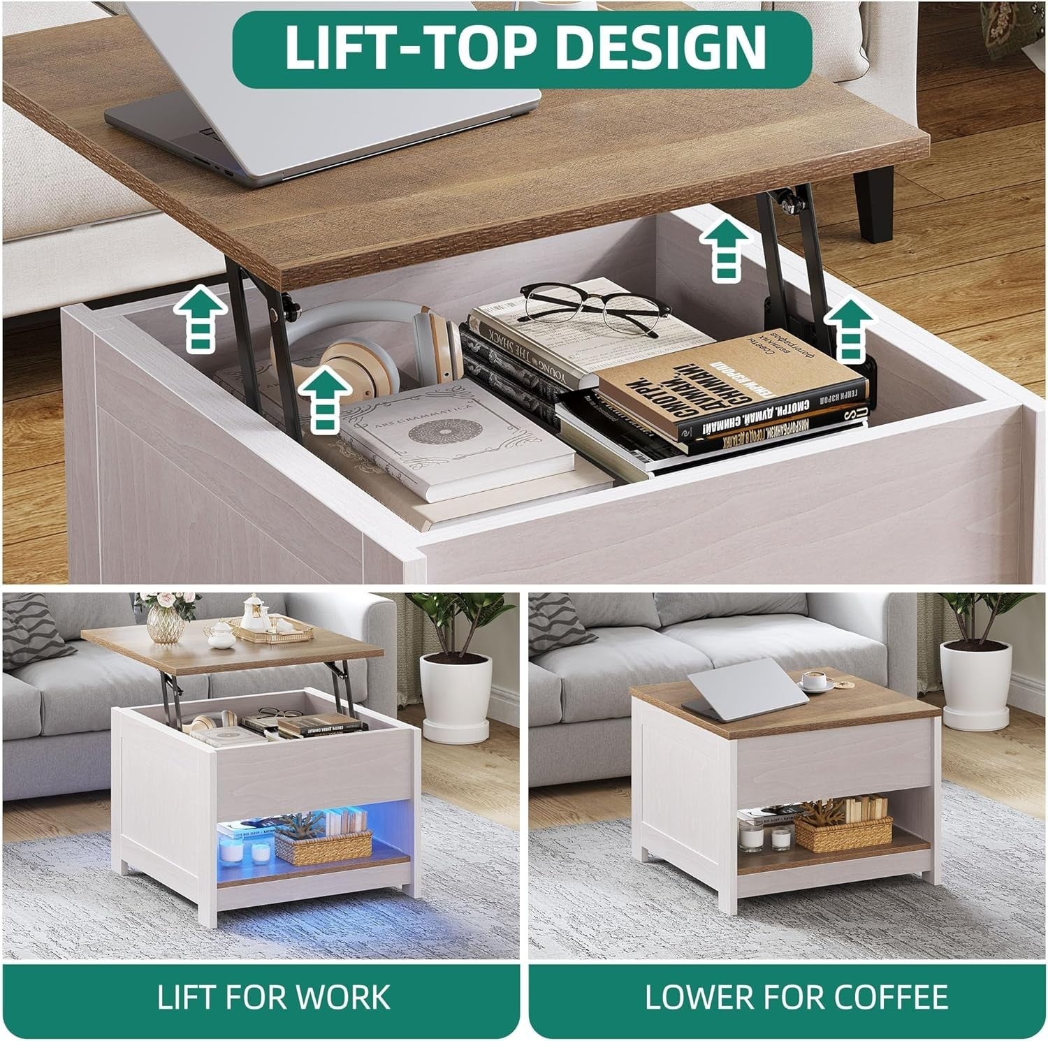 Lift Top Modern Rustic Coffee Table with Storage & LED Lights 60x60cm