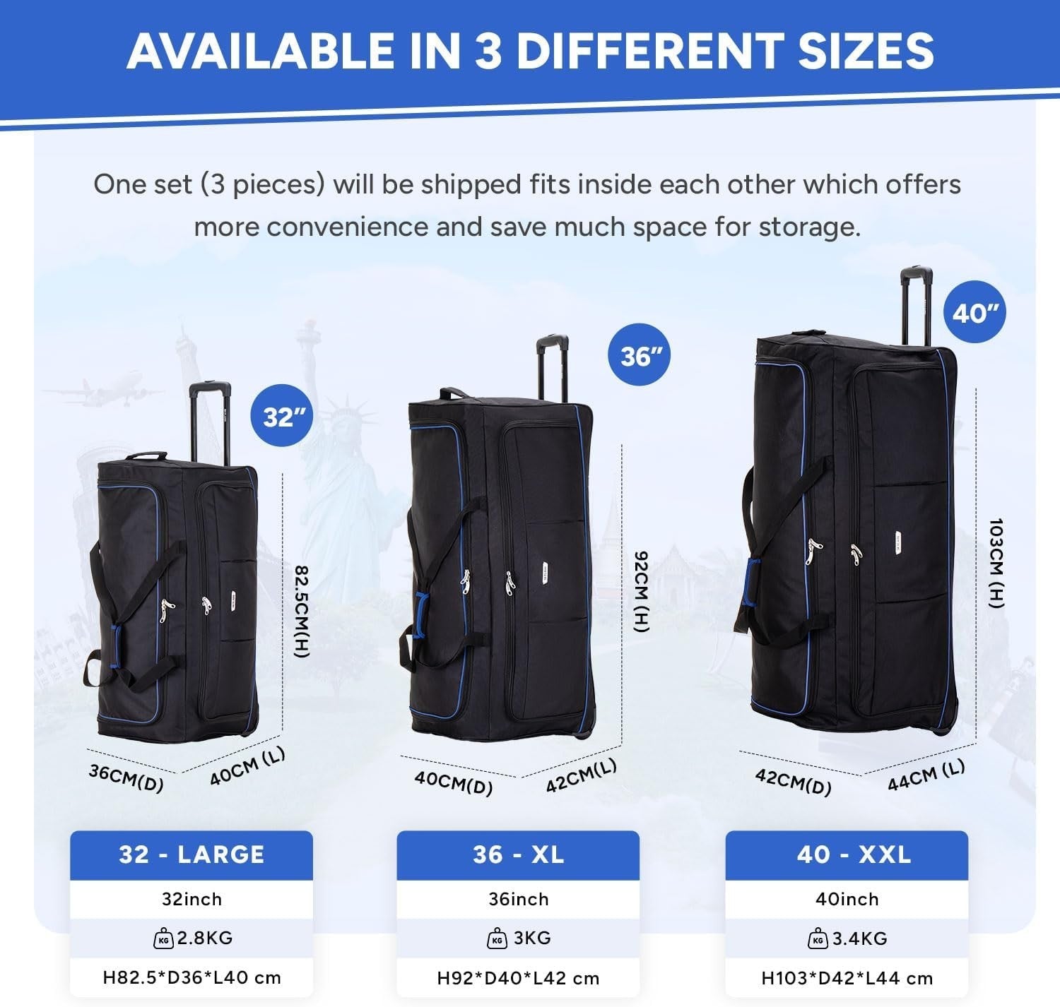 36” XL Extra Large Wheeled Duffle Bag Lightweight Travel Holdall 155L