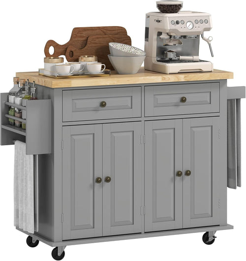 Rolling Kitchen Island Trolley with Drawers,Shelves & Rubber Wood Top 111x44.5cm