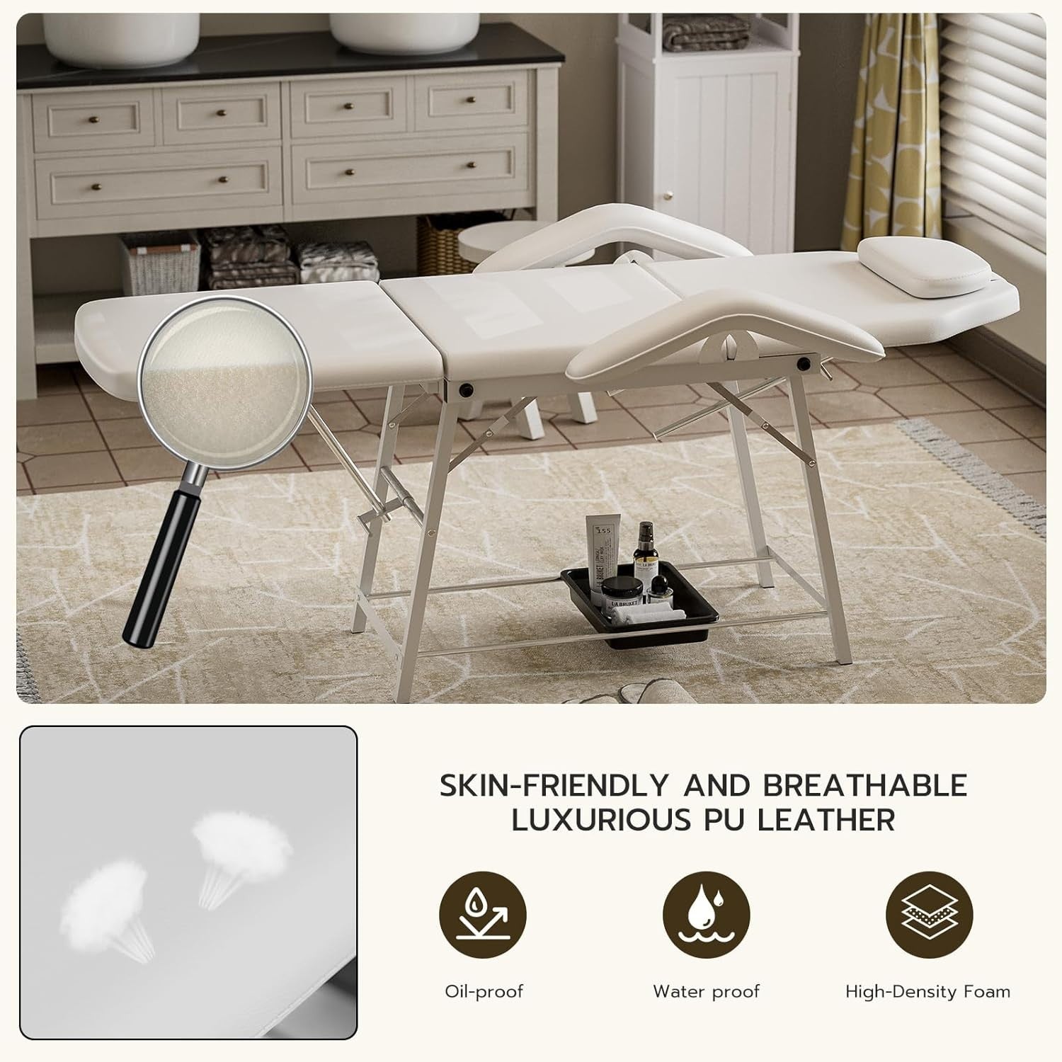 Portable 3-Section Massage Table Folding Beauty Spa Bed w/ Storage Tray White
