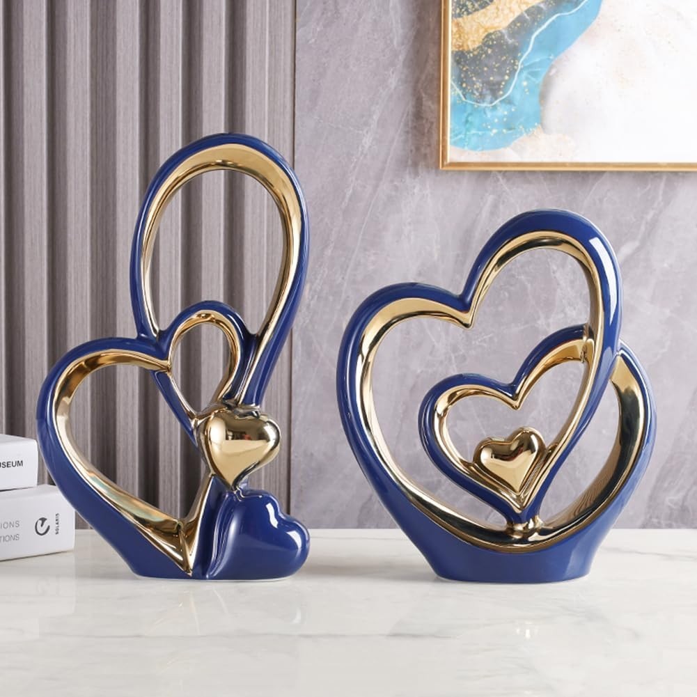 Blue Gold Double Heart Ornament • Luxury Ceramic Modern Home Decor Gift