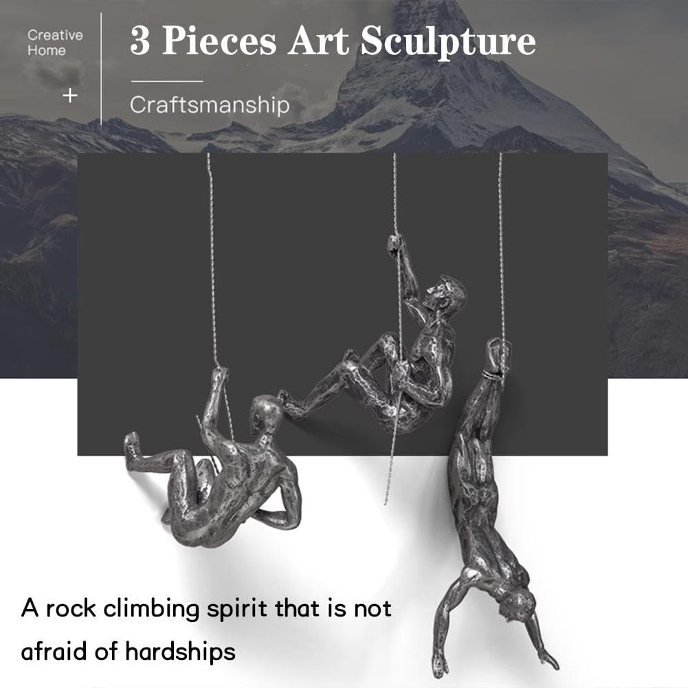 Climbing Man Wall Sculpture Set 3 Silver Resin 3D Art