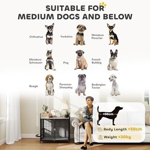 Dog Crate Furniture with Feeding Bowls & Lockable Doors, Grey Indoor Table