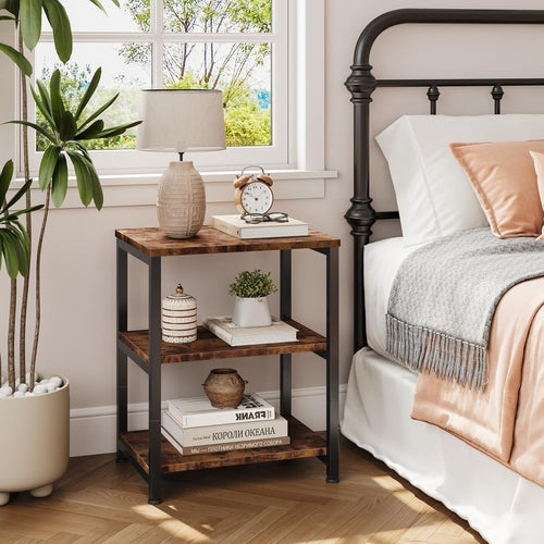 Rustic 3-Tier Narrow Side Table with Storage – Slim Bedside or Sofa Table