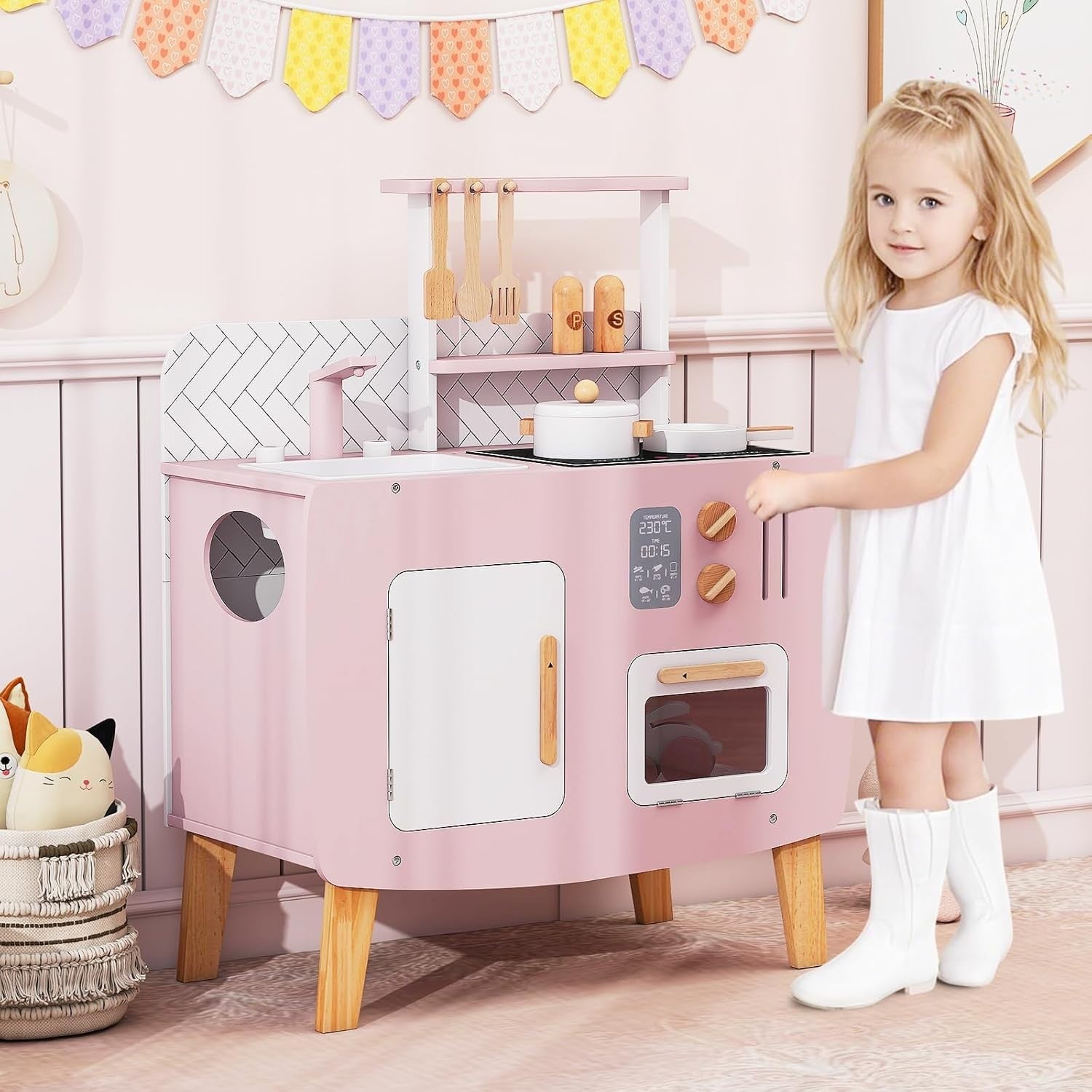 Kids Wooden Play Kitchen Pink w/ Oven Sink Stove Accessories