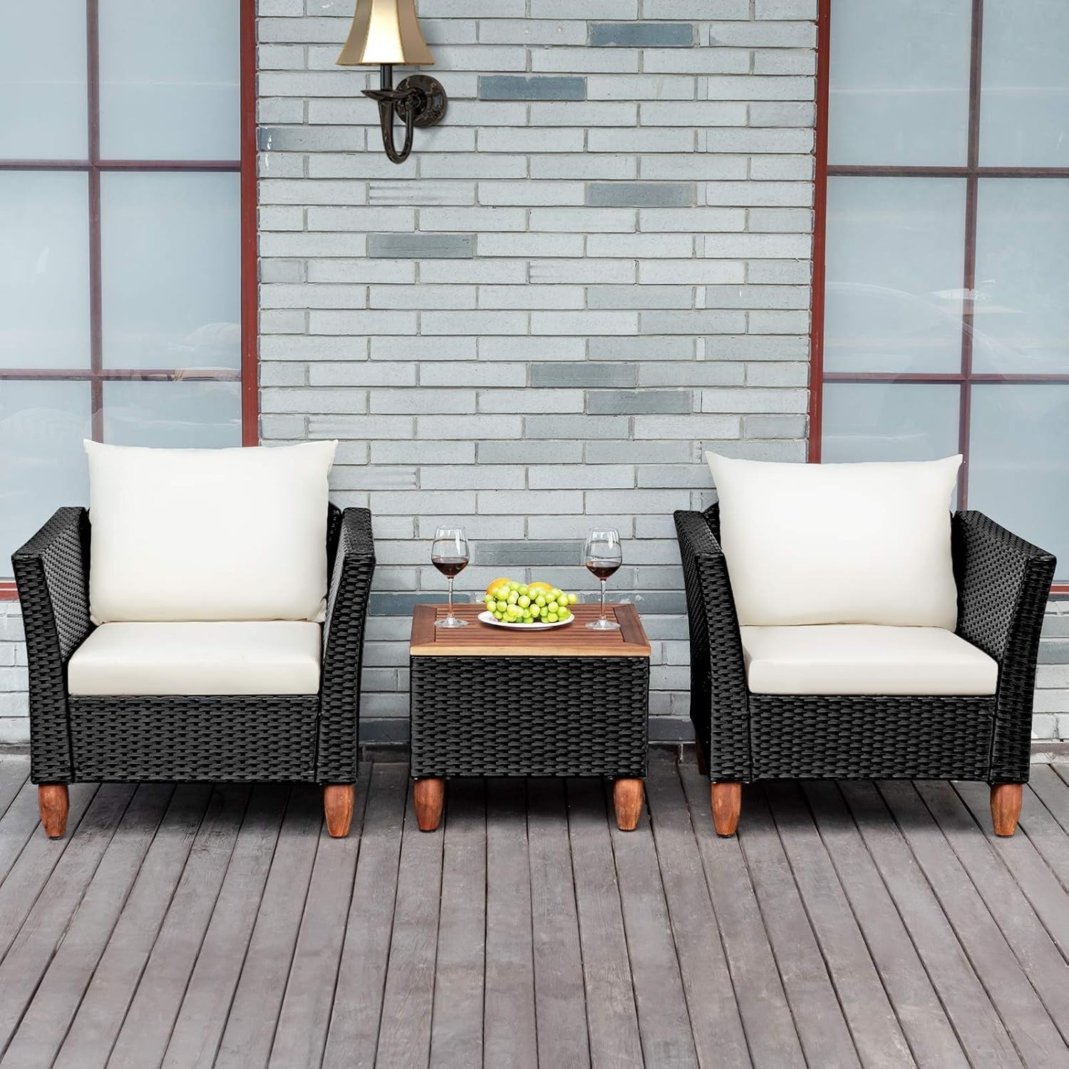 3pc Rattan Patio Set Garden Sofas w/ Cushions & Acacia Coffee Table