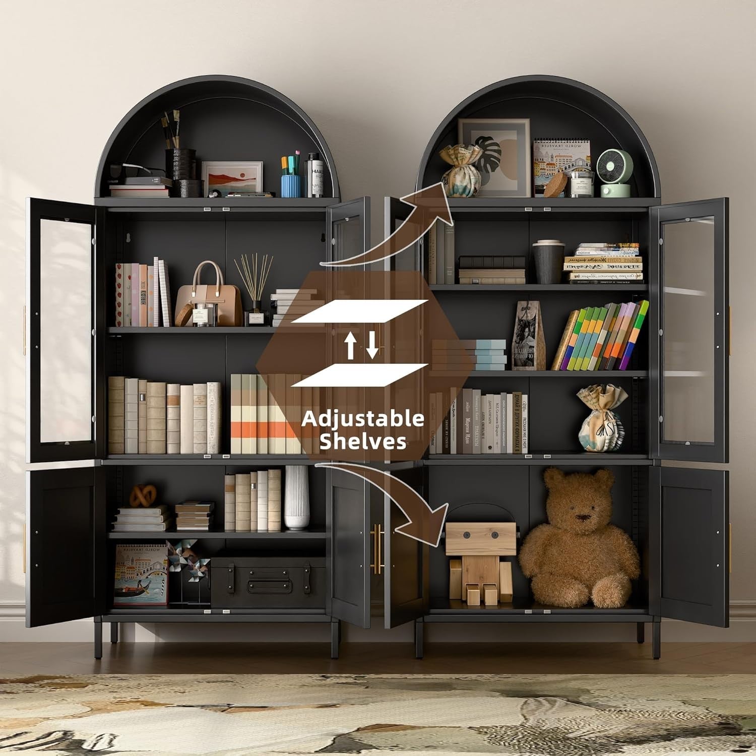 Tall Black Metal Kitchen Cabinet Glass Doors Storage Unit Pantry Cupboard