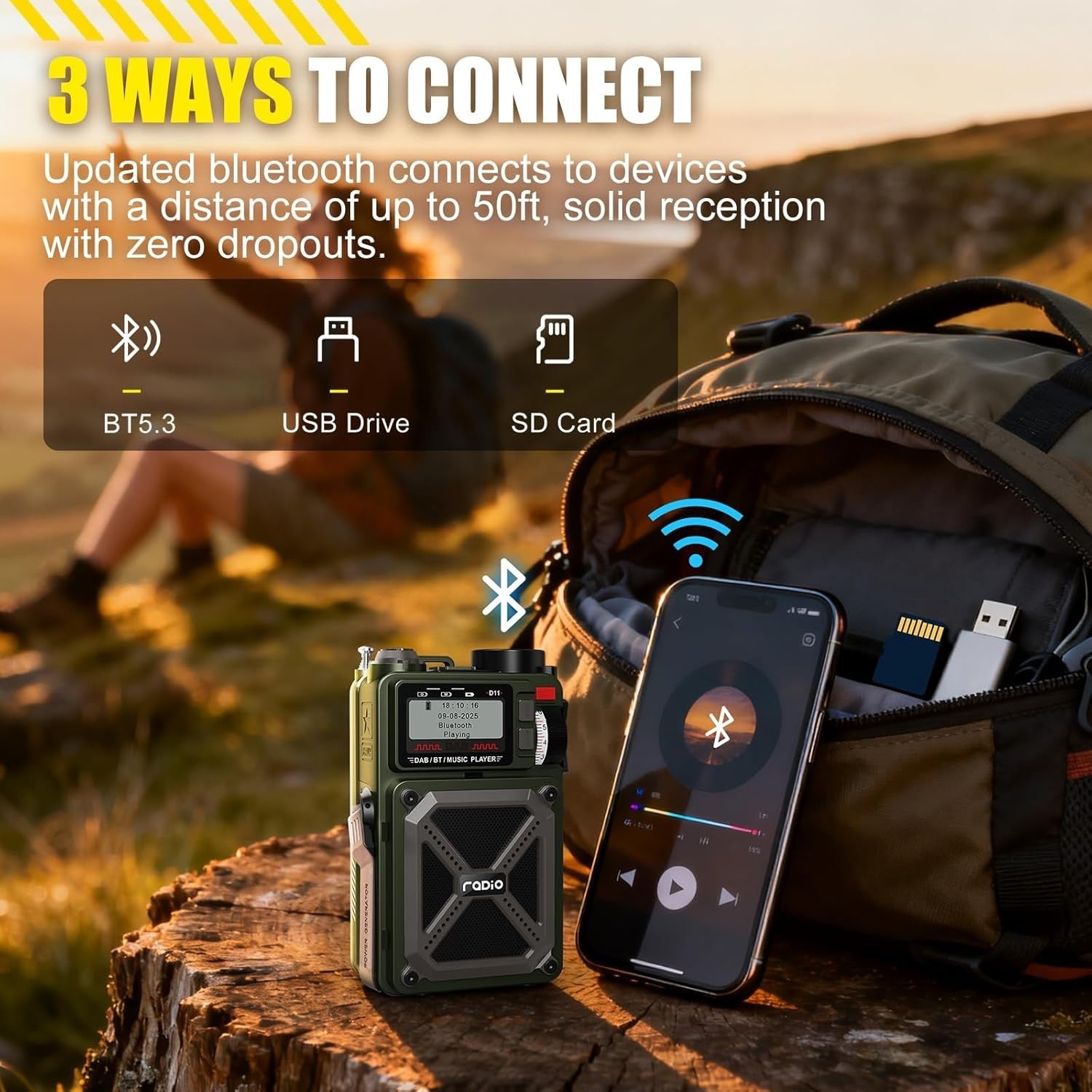 Portable DAB/FM Radio Bluetooth 5.3 Solar 4000mAh SOS USB