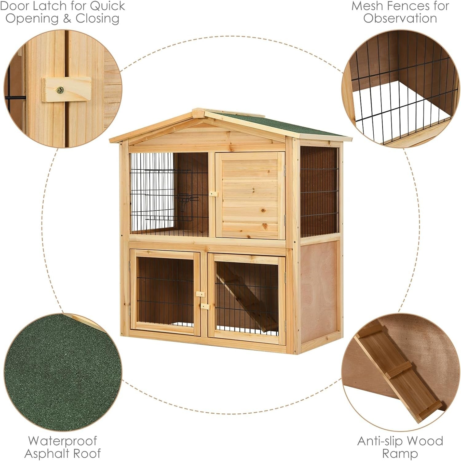Wooden Rabbit Hutch 2 Storey Indoor Outdoor Pet Cage Ramp Doors