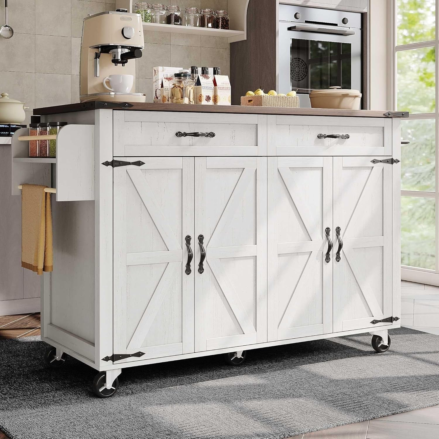 Farmhouse Kitchen Island Trolley with Fold-Out Table, Storage & Wheels