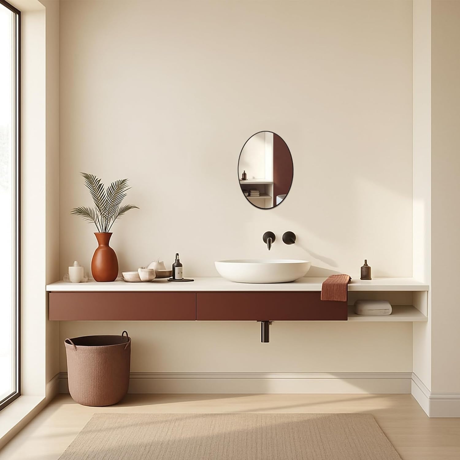 Modern Oval Black Bathroom Mirror 70x50 cm, Stylish Wall Mounted