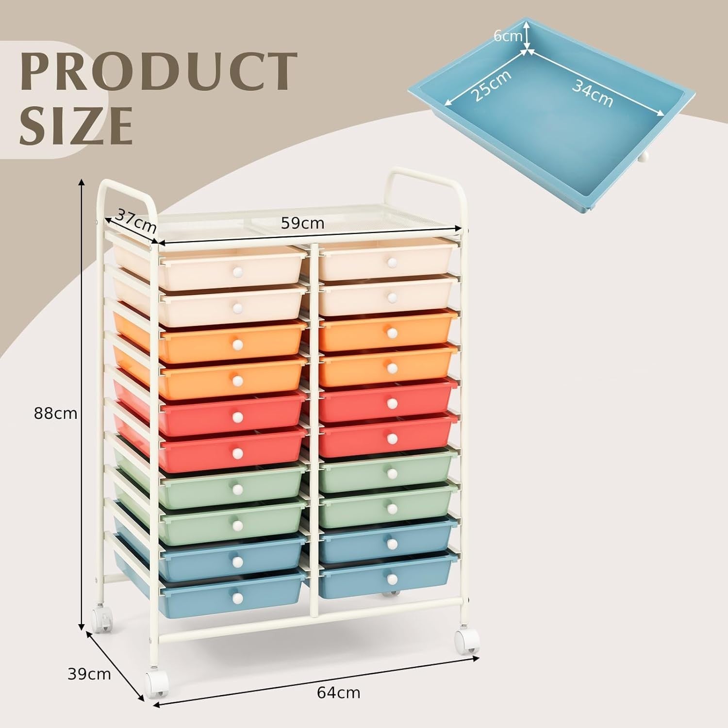 20 Drawer Rolling Storage Cart Mobile Utility Organizer Trolley Colorful