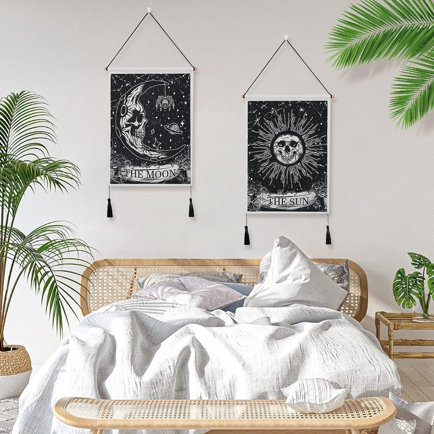 Pack of 2 Moon & Sun Skull Tapestries Boho Wall Decor Dark/White