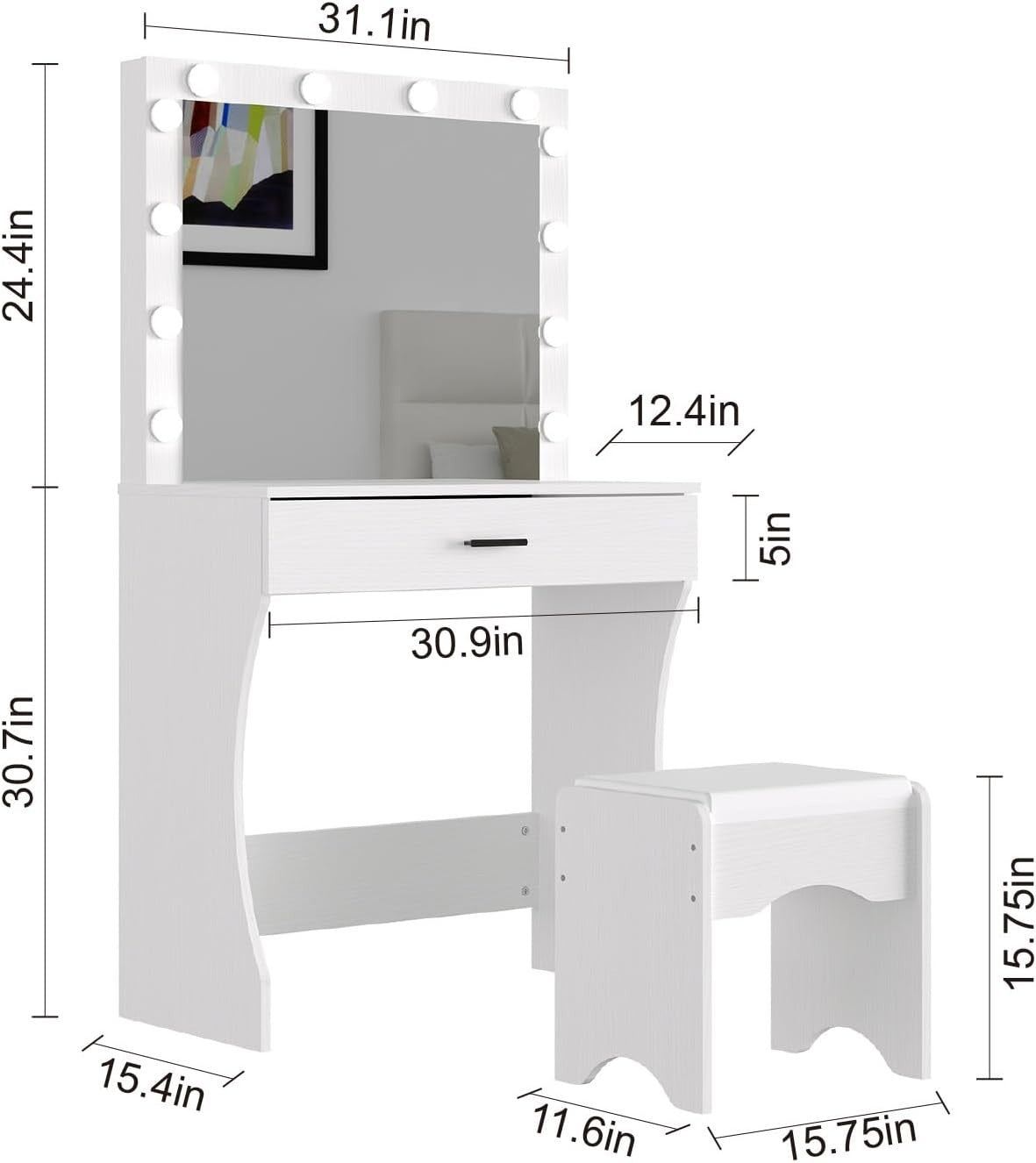 Vanity Table Set Hollywood Mirror Lights Stool Drawer Makeup Desk (77 characters