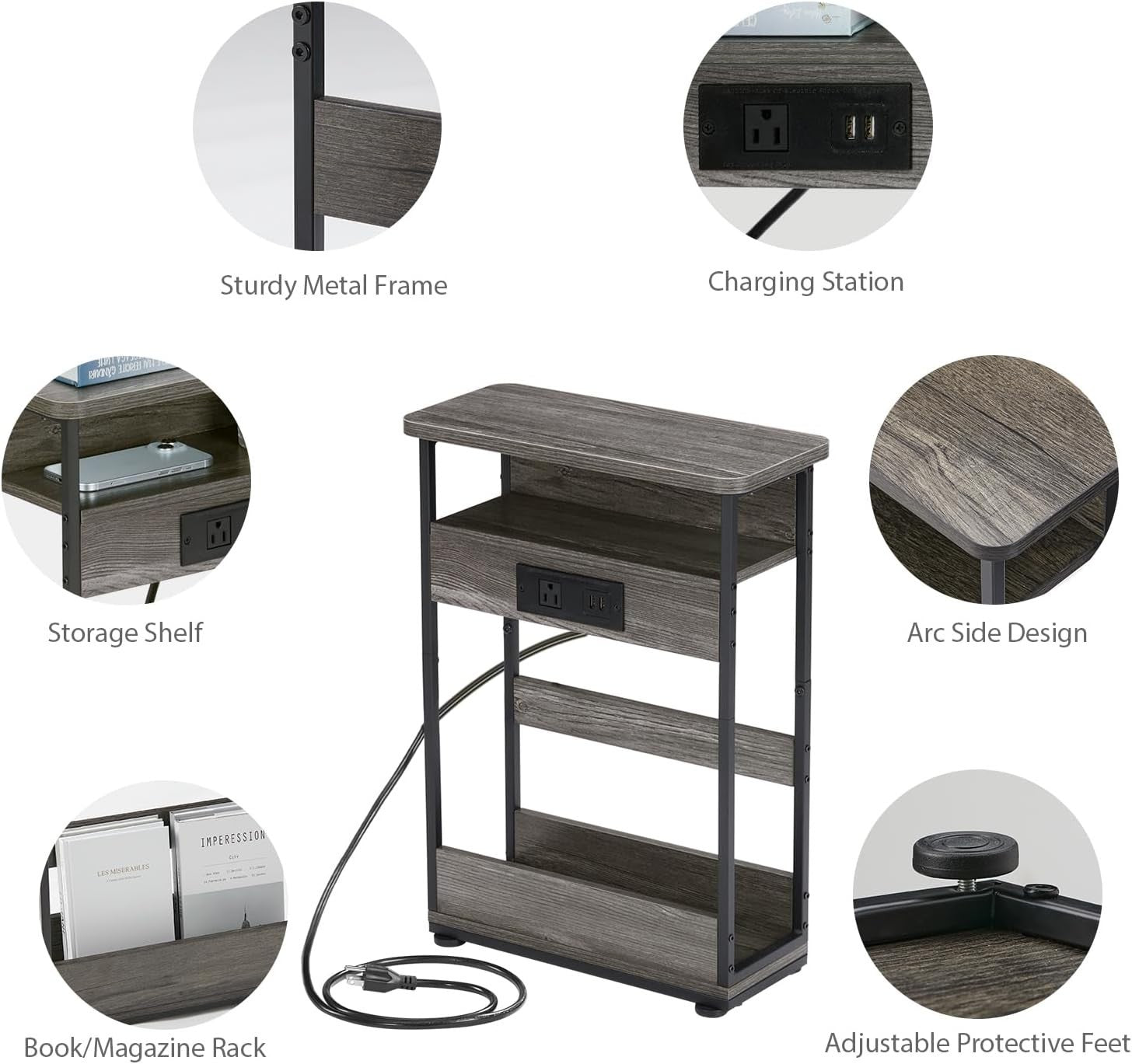 Grey Narrow Side Table with USB & Outlets – 3-Tier Slim Bedside Unit
