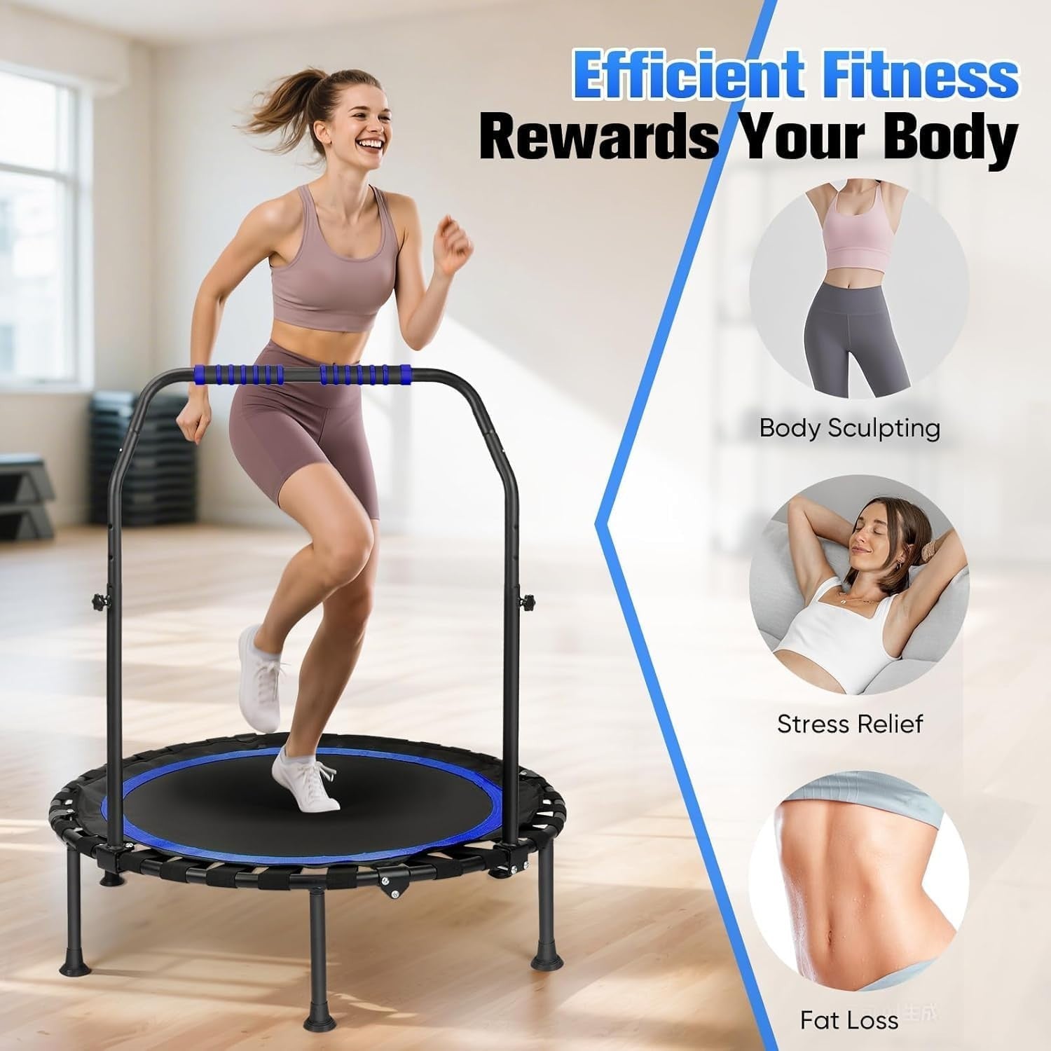 Foldable Exercise Trampoline w Handle Quiet Rebounder 150kg Space Saving