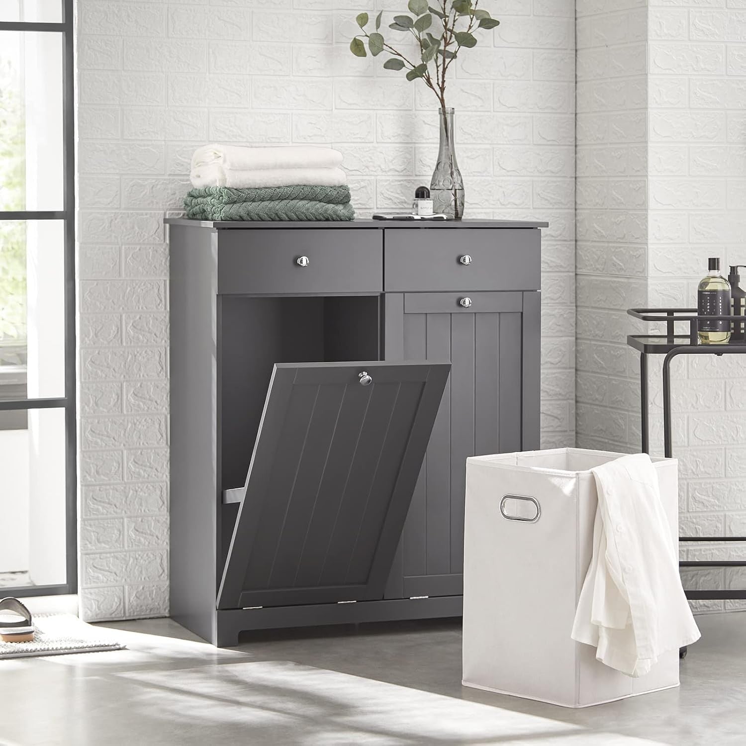 Bathroom Laundry Cabinet Storage Unit with Drawers & Baskets Grey MDF