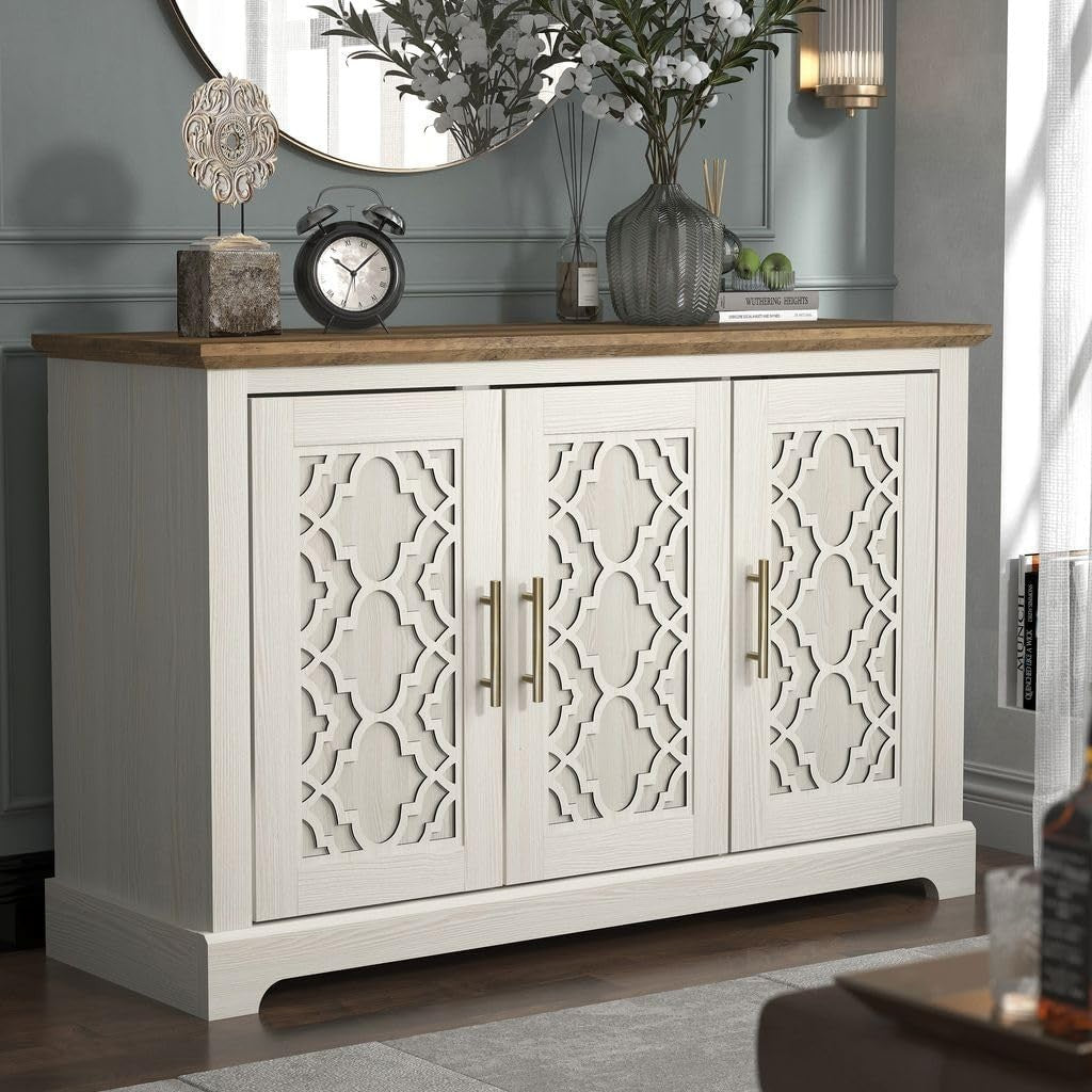 Freestanding 3-Door Storage Cabinet Cream Oak Sideboard Adjustable Shelf (S)