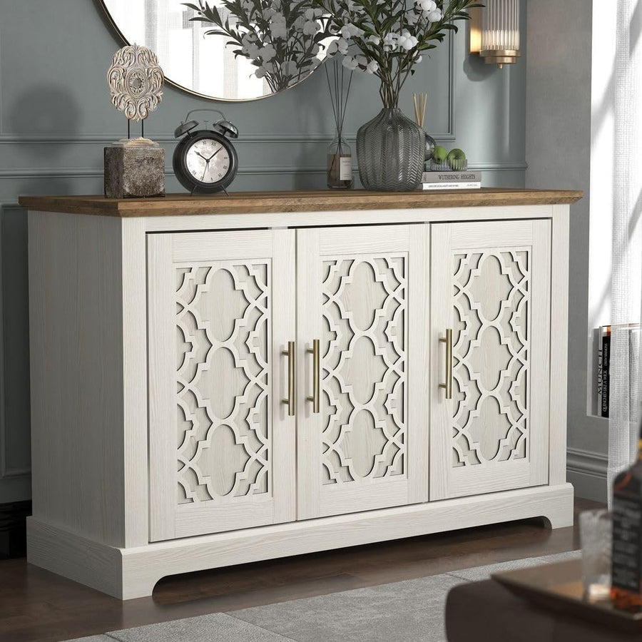 Freestanding 3-Door Storage Cabinet Cream Oak Sideboard Adjustable Shelf (S)