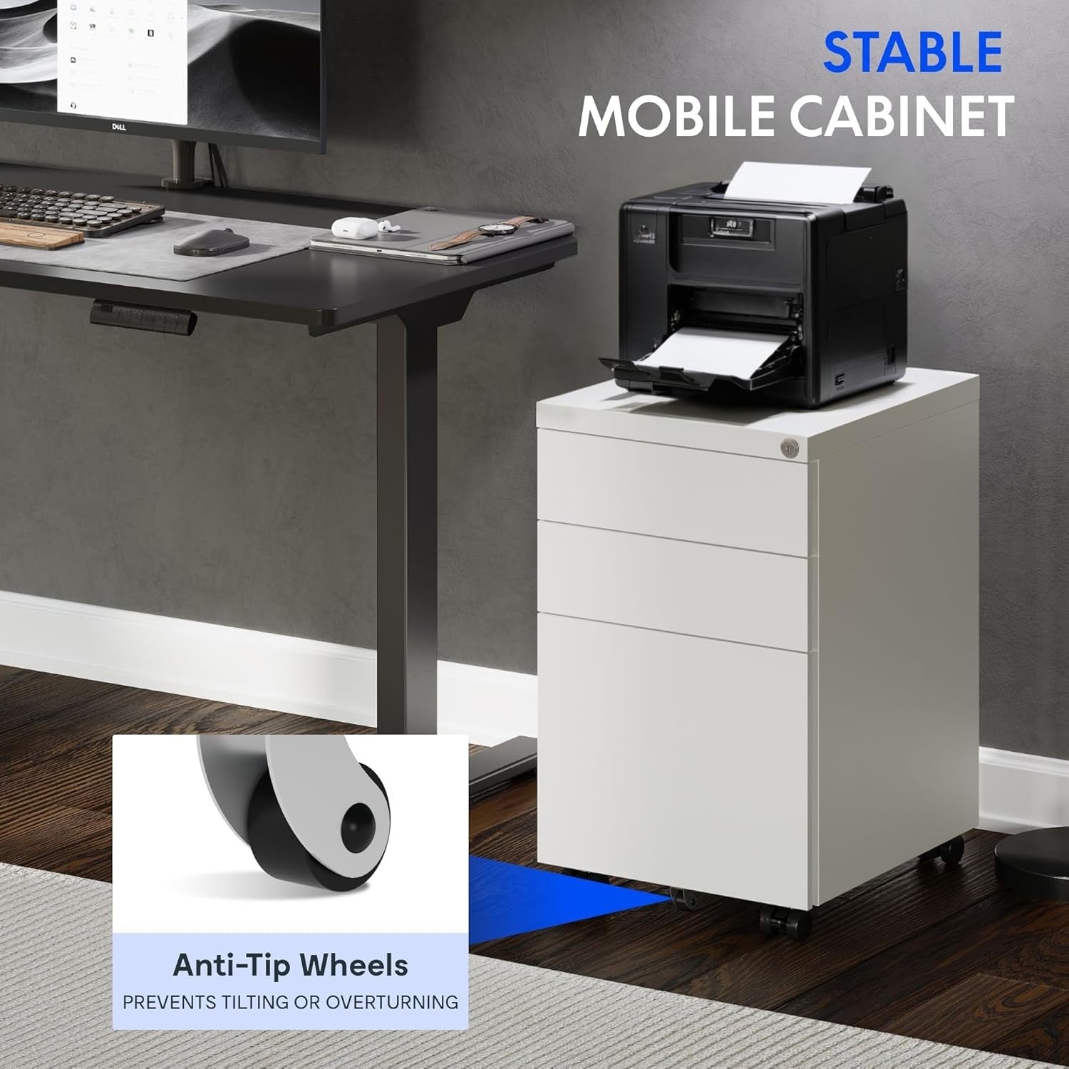 White Mobile Filing Cabinet 3 Drawer Lockable Under Desk Steel