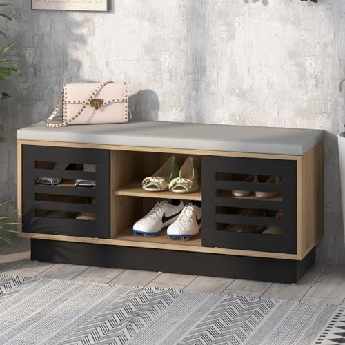 6-Compartment Natural + Black Shoe Bench with Cushion & Adjustable Shelves