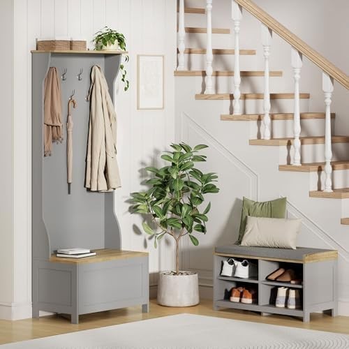Grey Shoe Storage Bench with Cushion & 4 Shelves – Modern Hallway Unit