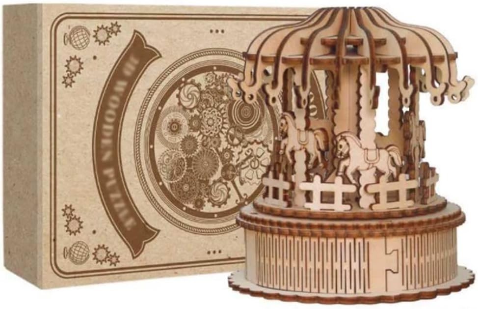 Romantic DIY Mechanical Carousel Music Box Kit | 46pcs Wood Model Gift