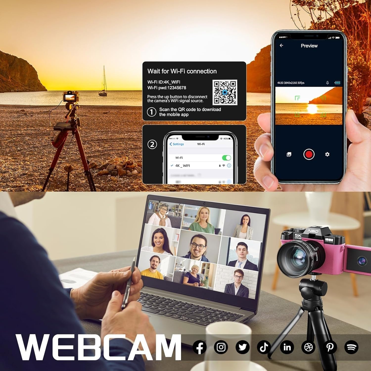 5K 64MP WiFi Vlogging Camera Flip Screen Autofocus 64GB Macro Lens
