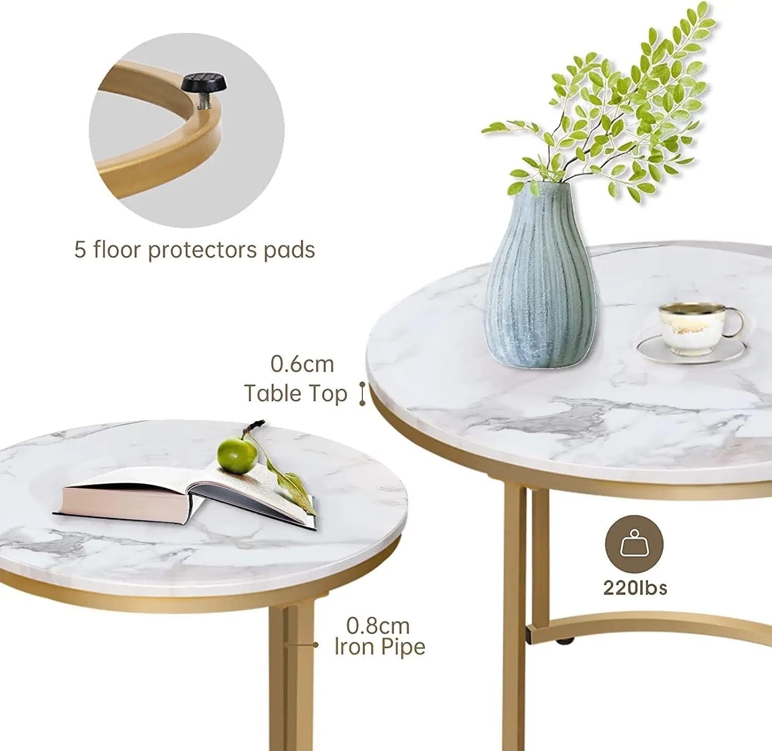 Round Nesting Coffee Tables Set of 2 – Grey Top Black Frame, Space- Gold