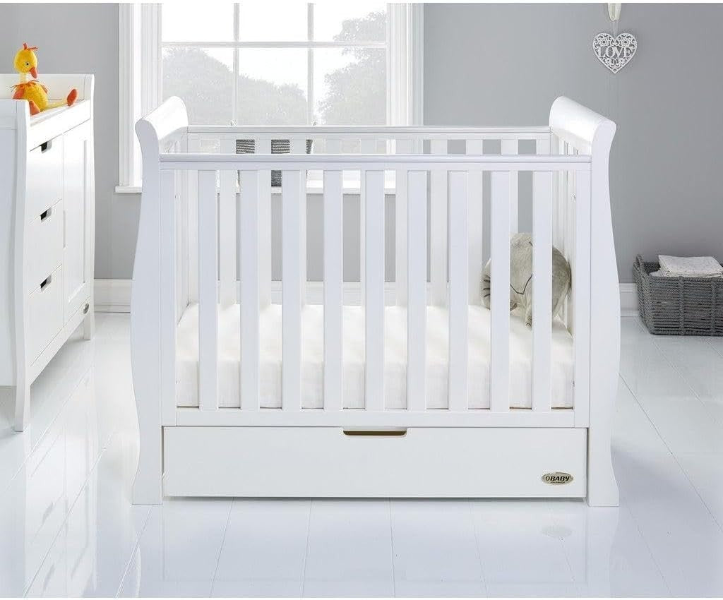 Space Saver Sleigh Cot Bed with Drawer Adjustable Height Baby Crib 114x55cm