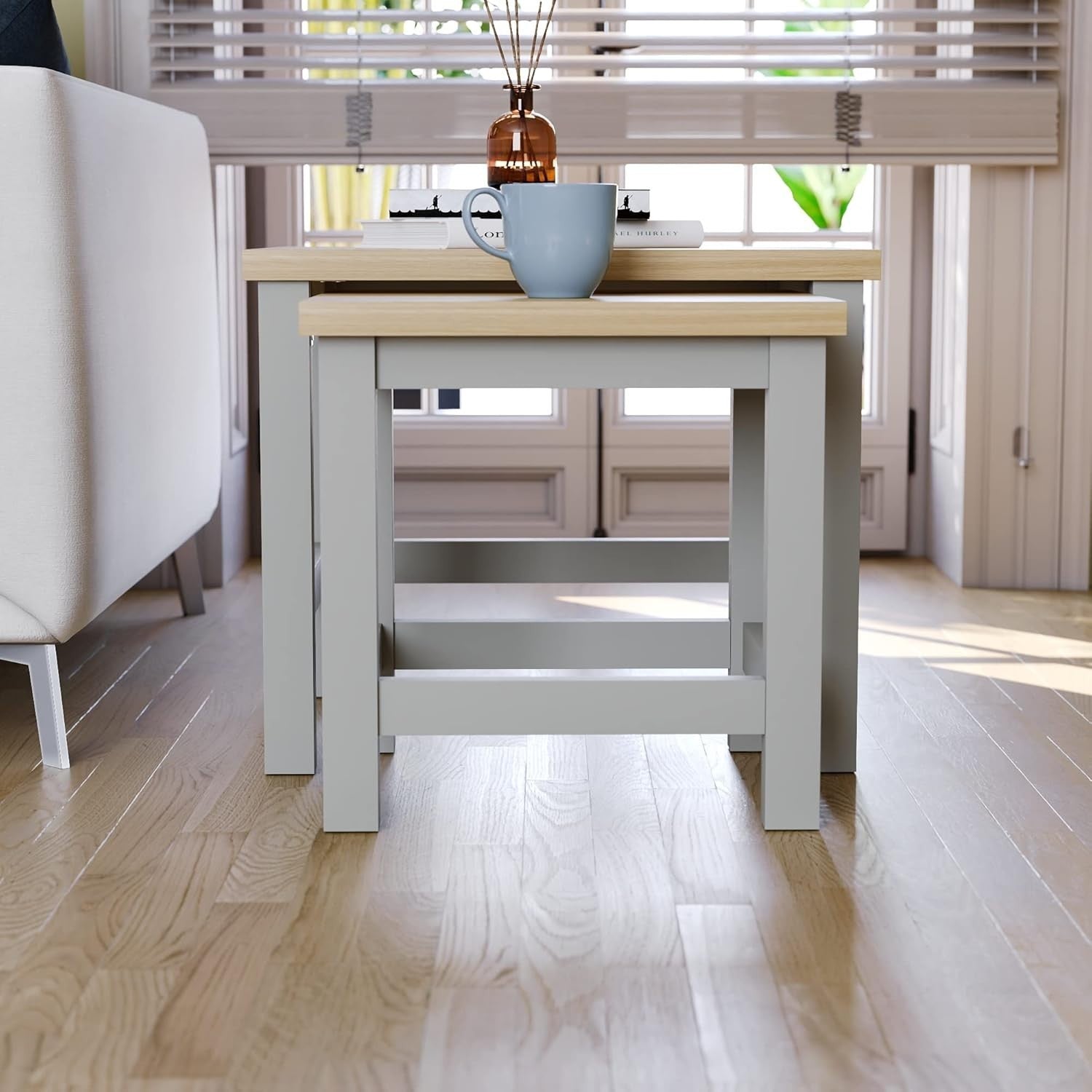 Space Saving Nest of Tables Grey Oak Modern Living Room Coffee End Side Set