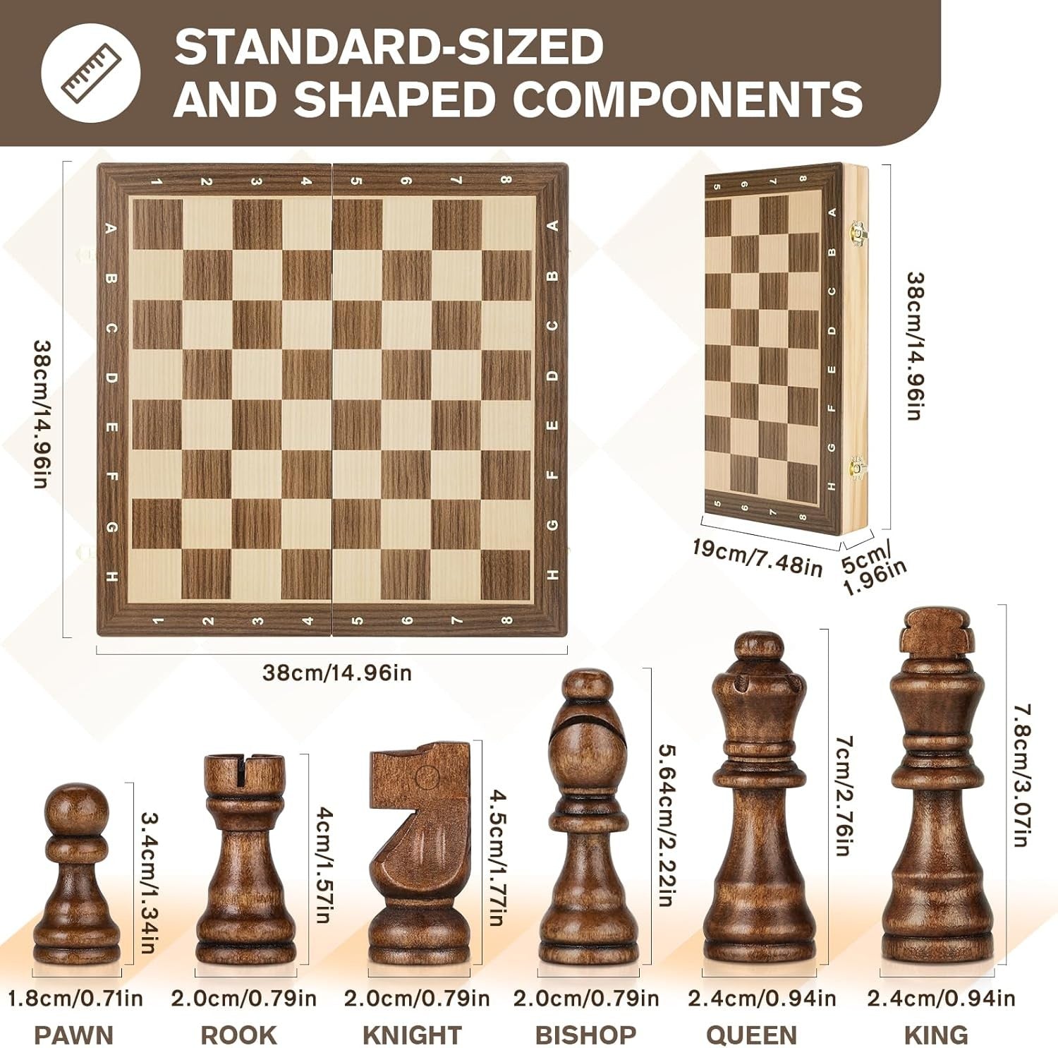 38cm Wooden Magnetic Folding Chess Set with Extra Queens & Storage Box