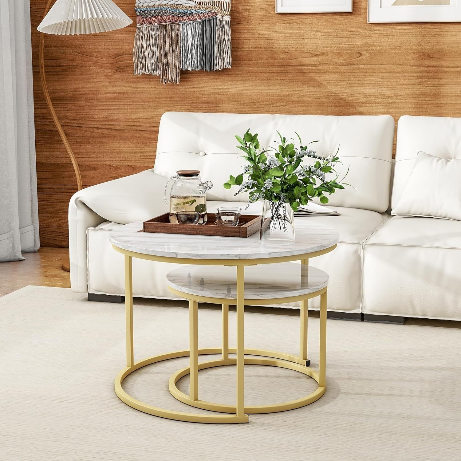 Round Nesting Coffee Table Set of 2 – Space-Saving Living Room Side Tables Gold