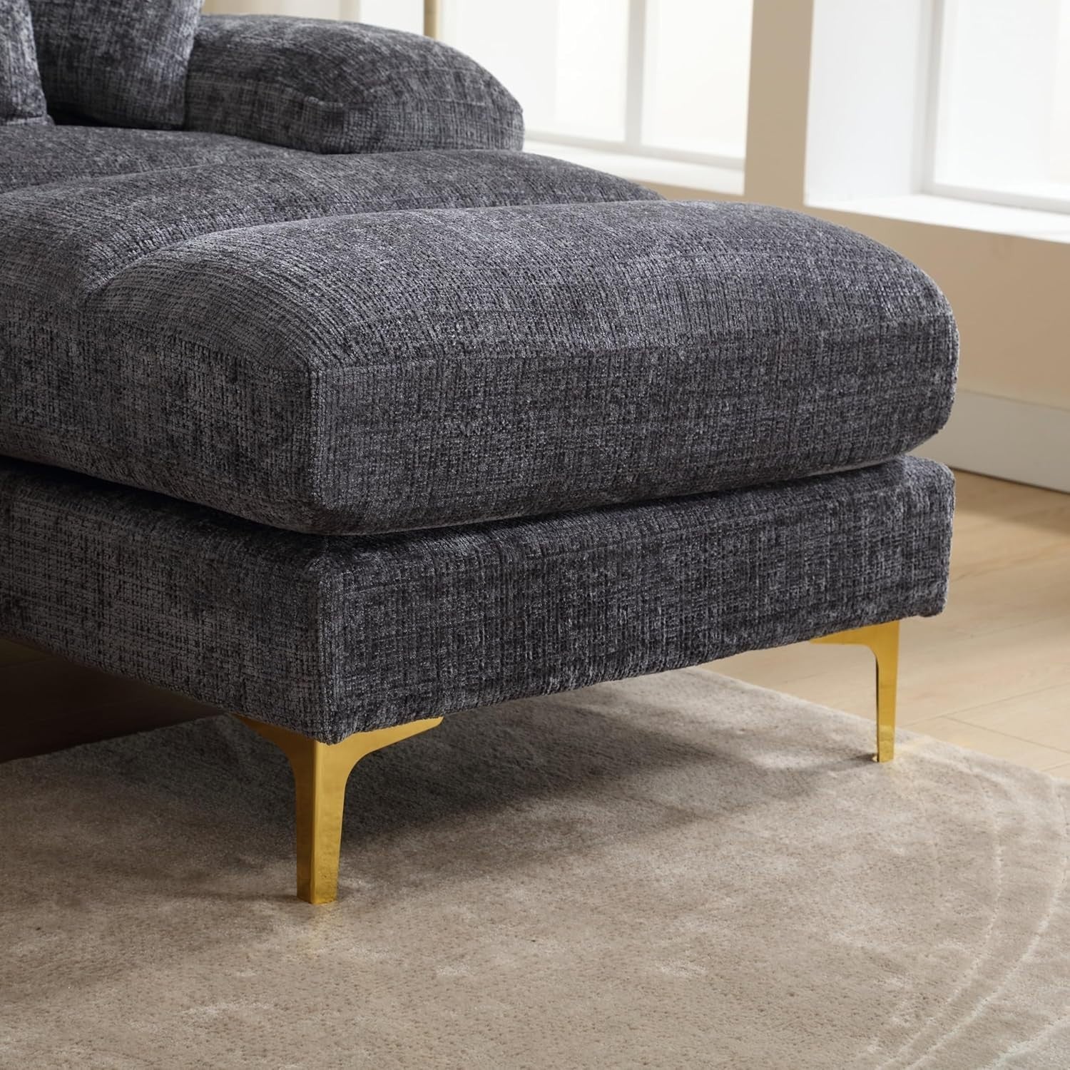 4 Seater U-Shaped Sofa Grey Chenille Sectional with Double Chaise & 4 Pillows