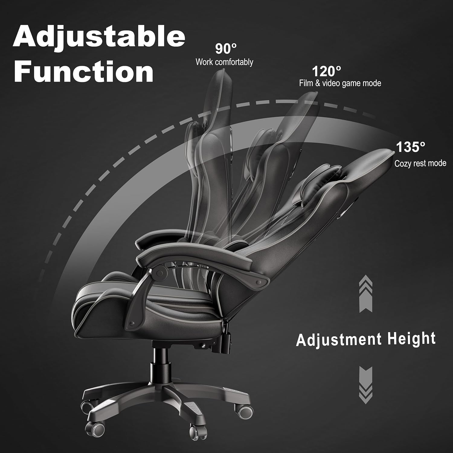 Ergonomic Gaming Office Chair PU Leather Recliner Swivel 150kg Max Load Grey