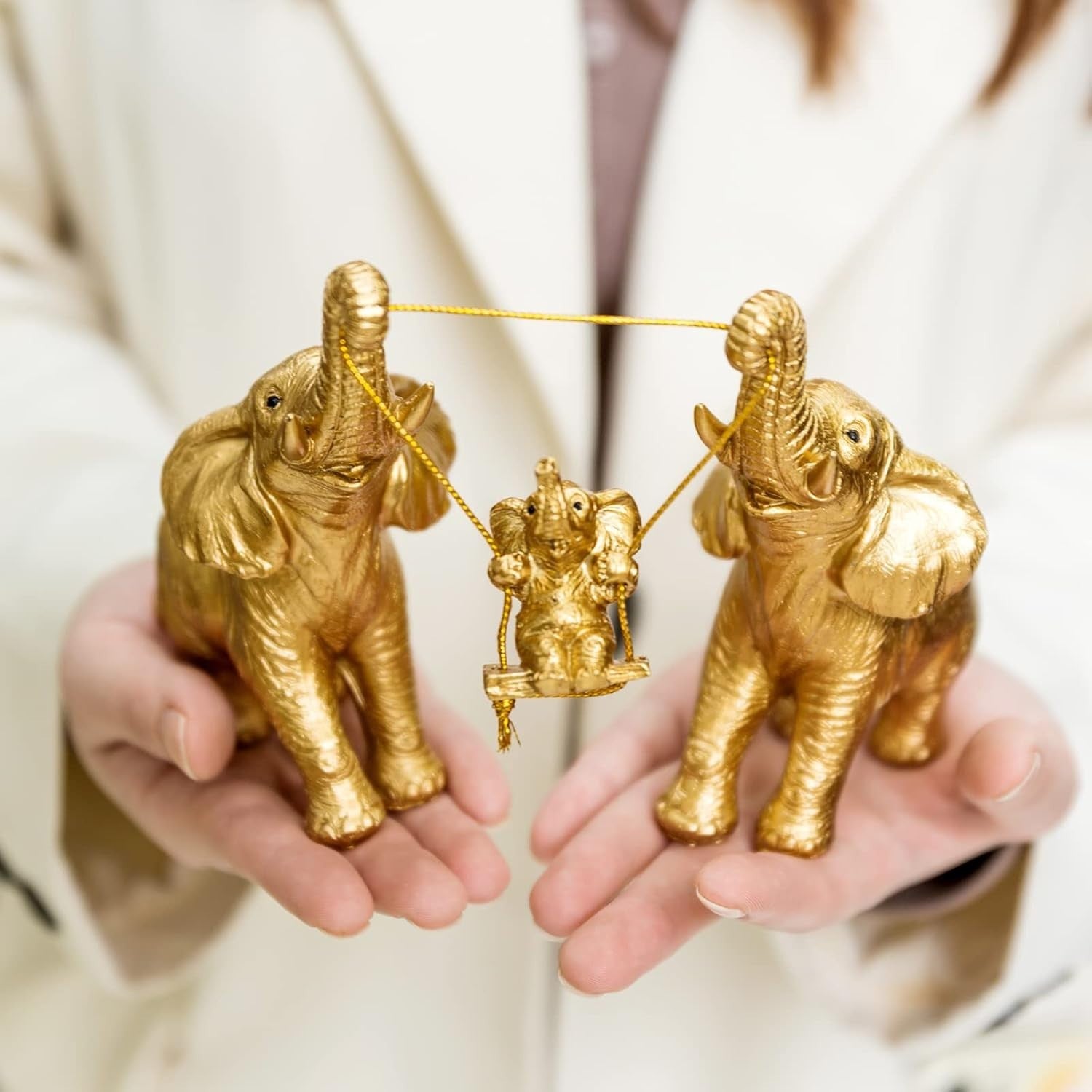 Gold Elephant Figurine Set Good Luck Resin Home Decor Centerpiece Gift