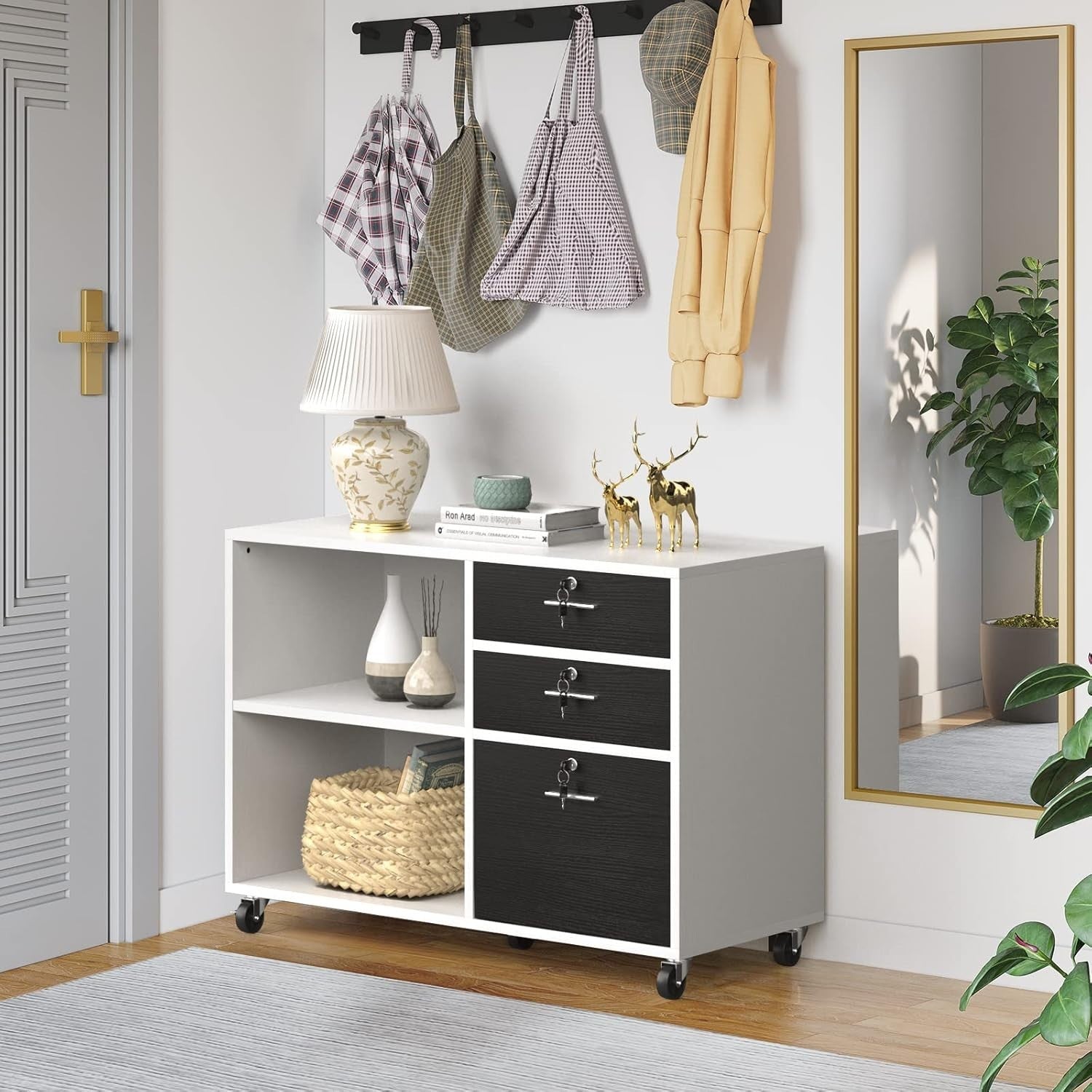 3 Drawer Mobile Wood File Cabinet Printer Stand with Shelves White Black