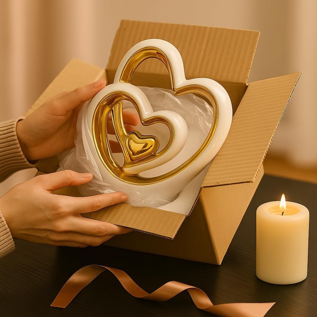 Gold Heart Ornament Modern Ceramic Sculpture Wedding Gift Home Decor 25.5cm