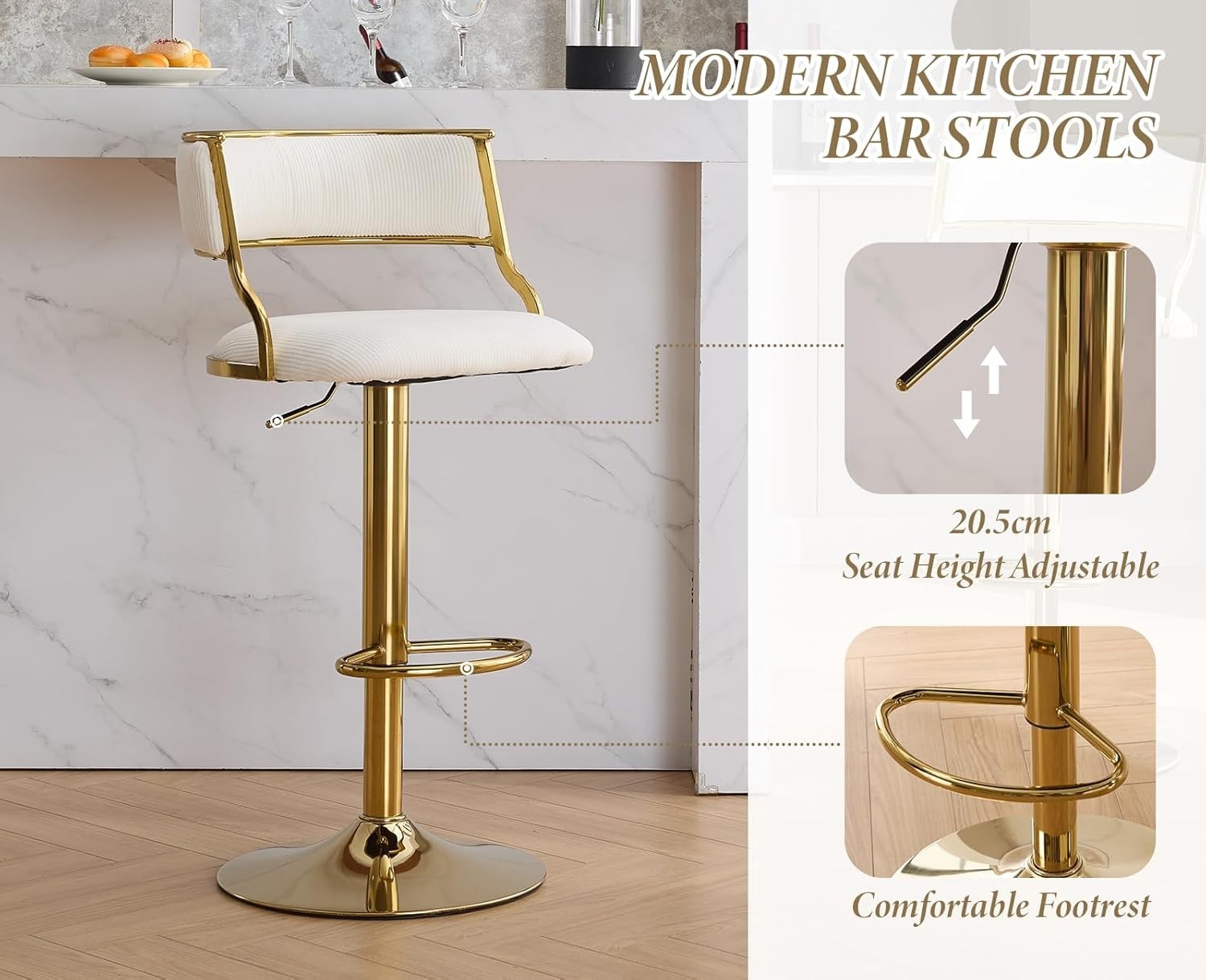 Beige Velvet Swivel Bar Stools Set of 2 – Adjustable Counter Chairs