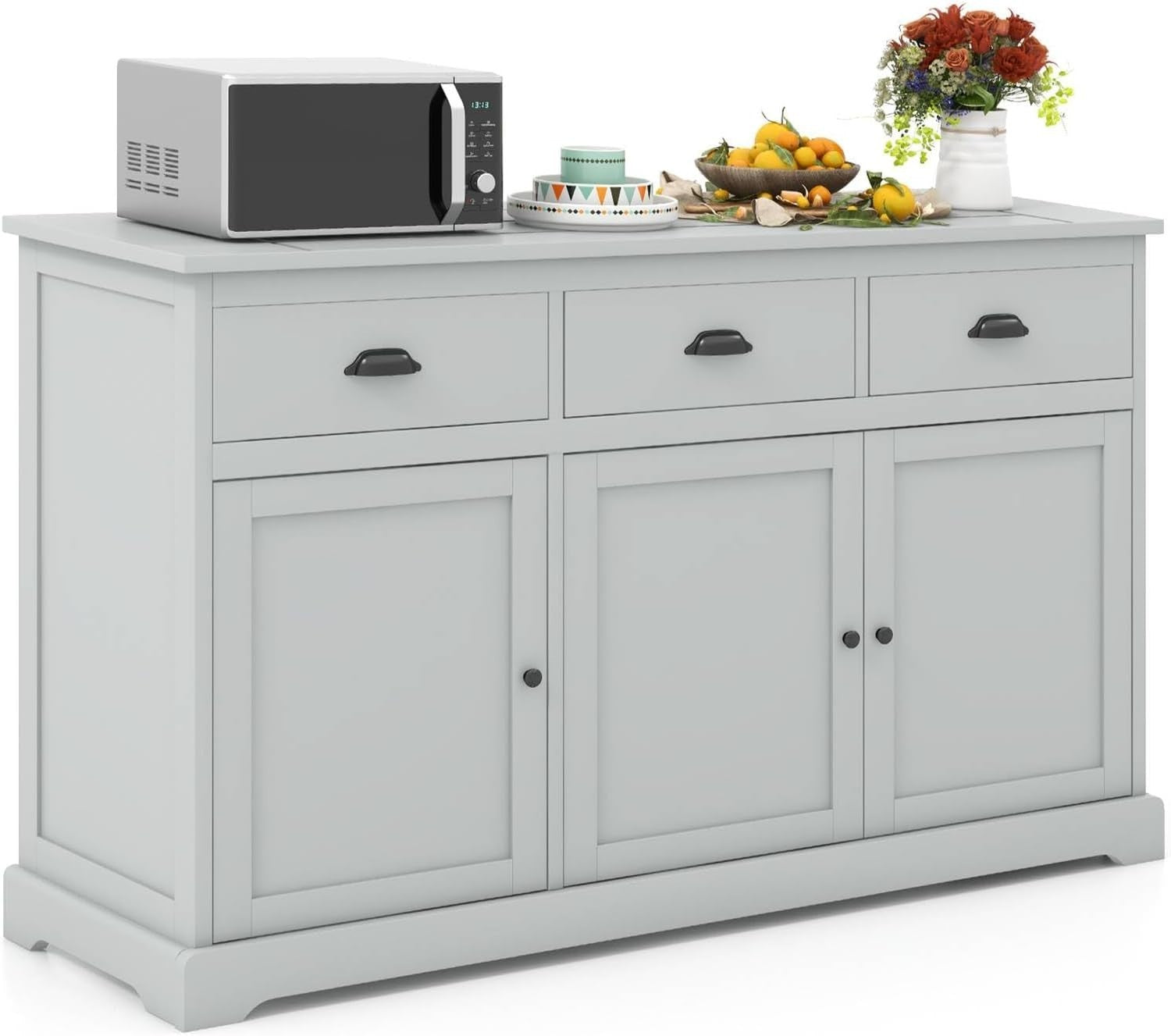 Grey Large Sideboard Buffet Cabinet with 3 Drawers & Adjustable Shelves