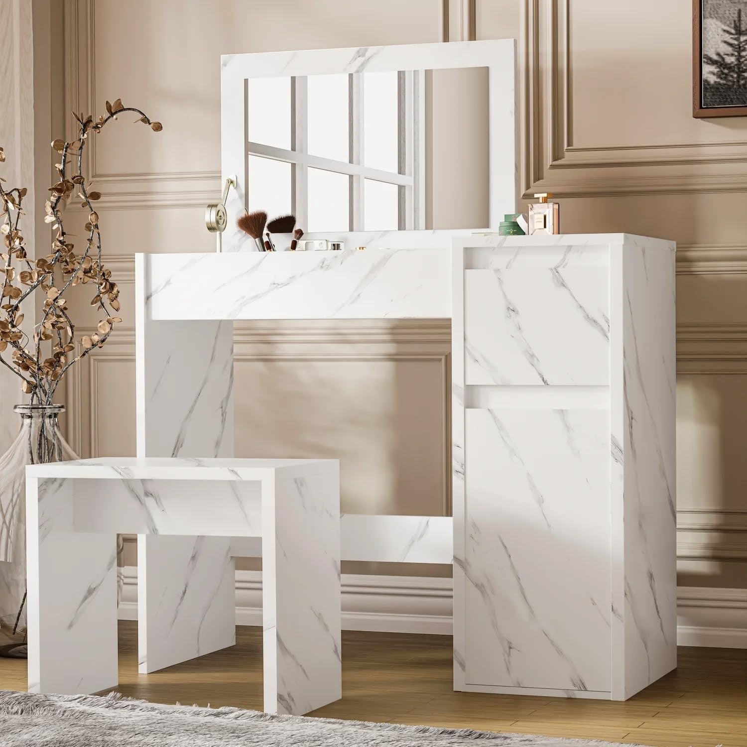 2-in-1 Vanity Dressing Table Desk Flip Mirror Stool Storage Drawer White Wood