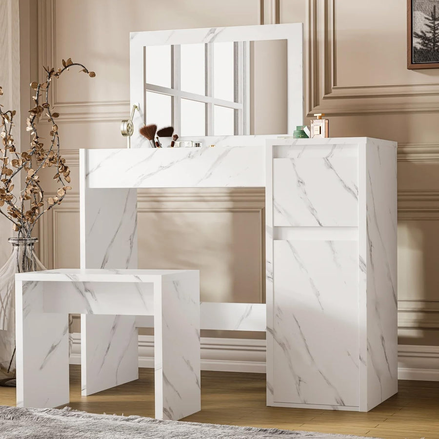 2-in-1 Vanity Dressing Table Desk Flip Mirror Stool Storage Drawer White Wood