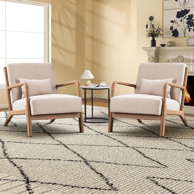 2-Pack Beige Mid-Century Armchairs with Lumbar Support | Solid Wood Frame