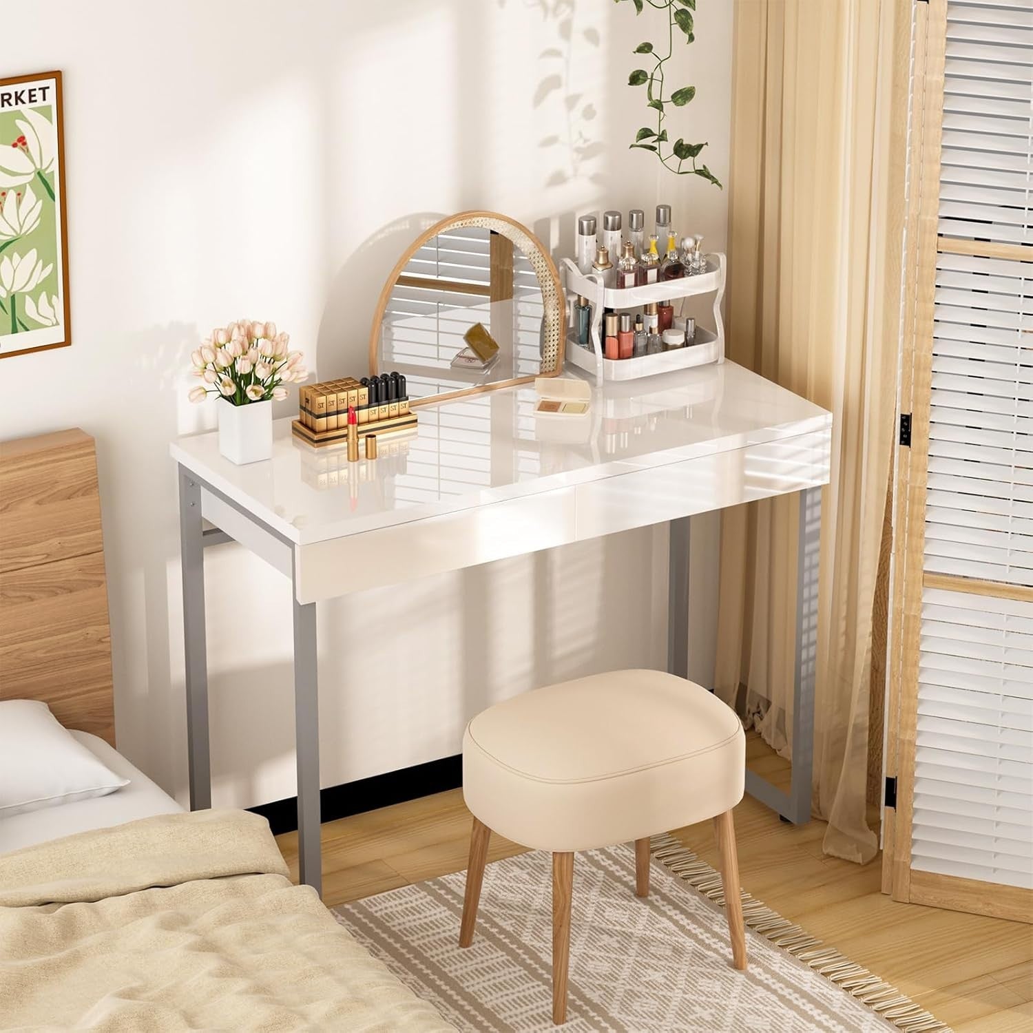 White Makeup Vanity Dressing Table Desk w/ 2 Drawers Small Spaces 100x40cm